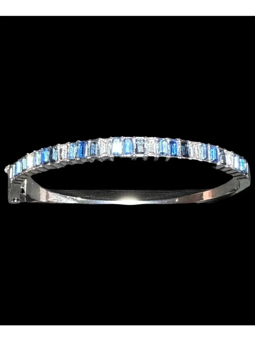 Clamper Hinged Bangle Bracelet Baguette-cut Rhinestone Blue White Silver Tone